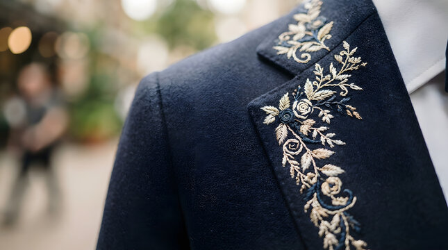 Close up of ornate gold and blue floral embroidery on the lapel of a dark navy blue suit jacket