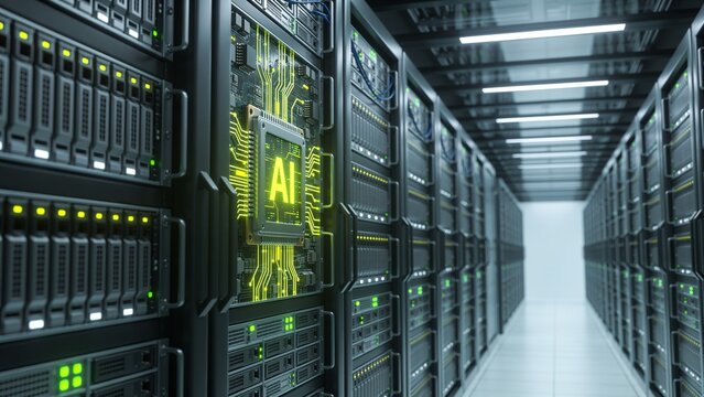 Futuristic Artificial Intelligence Processor Display Inside Modern Enterprise Data Center Server Room with Advanced Cloud Computing Infrastructure