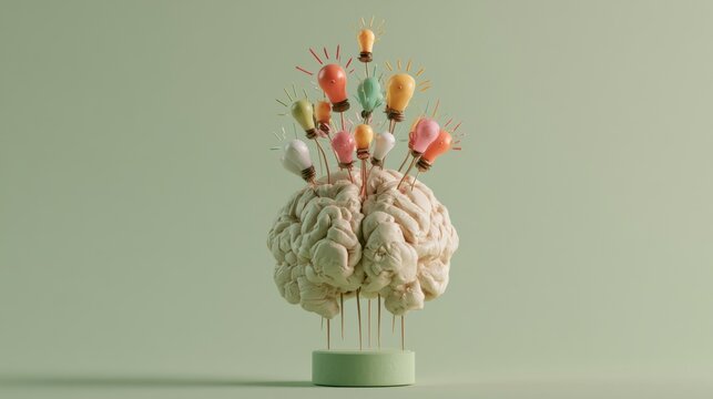 A chunky clay brain stands tall with colorful lightbulbs popping up. Bright ideas fill the air in a subtle sage environment.