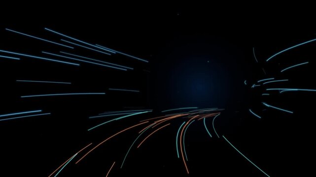 Abstract digital space data transmission tunnel with neon blue and orange light streaks moving dynamically through dark cosmic background for tech projects.