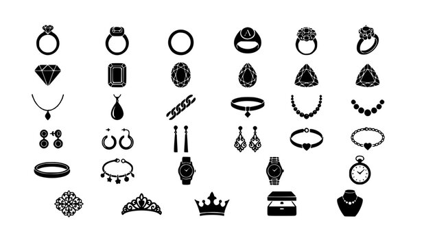 Monochrome Jewelry Rings Diamonds Watches and Earrings Icon Vector Collection