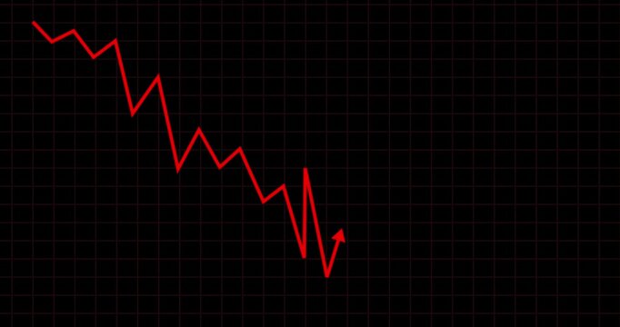 Trading, dashboard and line graph for market decline, risk and price drop in economic recession. Digital, chart and stock slump for financial crash, investment loss and bearish trend on dark display