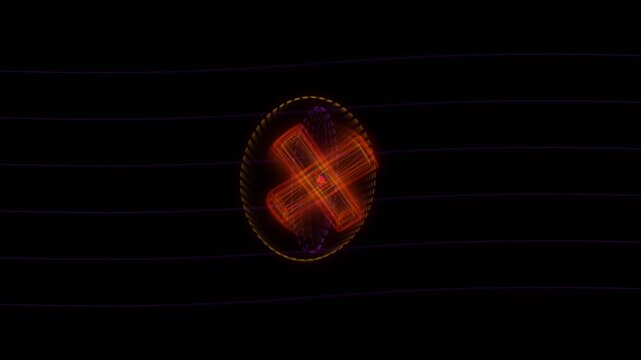 Abstract rotating neon cross symbol glowing in dark space digital motion graphic featuring geometric 3d animation element for creative tech design video projects.