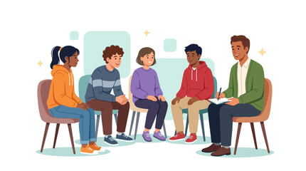 Obraz premium Diverse group of young people in group therapy session with a counselor, discussing issues.