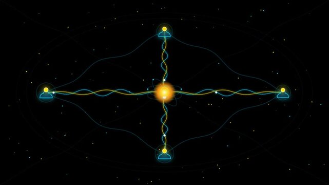 Quantum entanglement visualization featuring central light source with vibrating wave lines connecting four nodes in dark space representing network connectivity.