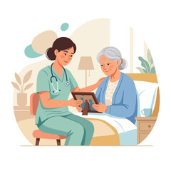 Obraz premium Caring Nurse Shares Joyful Memory with Elderly Woman in Bed, Promoting Companionship and Emotional Well-being