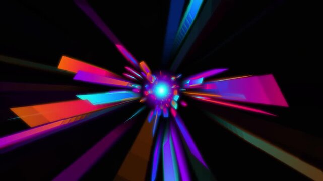 Abstract tunnel glowing light beams motion graphics background dynamic colored lines flying through dark space digital cyberspace effect futuristic travel wallpaper.