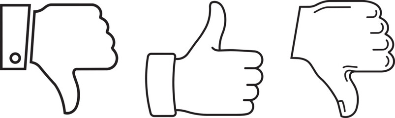 Fototapeta premium Thumbs Up and Thumbs Down Icons, a set of three hand gestures for approval and disapproval feedback. Black outline vector symbols for social media, ratings, and user interface design.