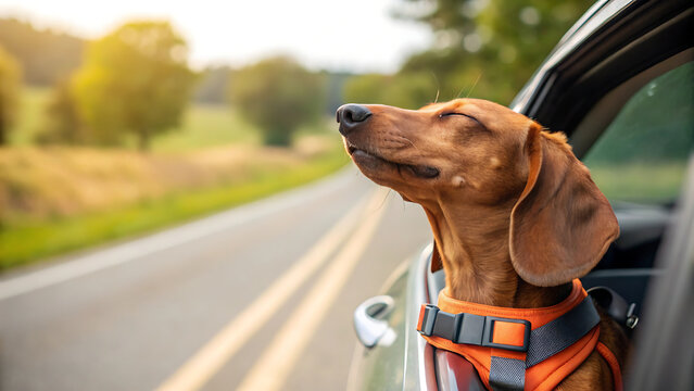Happy brown dachshund dog enjoying a car ride with eyes closed on a summer road trip