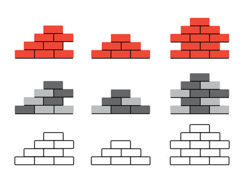 Collection of brick wall construction elements in red gray and outline styles with different sizes and arrangements isolated on white background