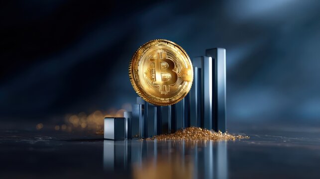 Golden Bitcoin coin with rising financial chart representing cryptocurrency growth, digital investment, profit and bullish market trends.