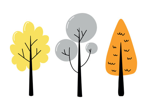 Three stylized autumn trees with yellow orange and gray foliage black trunks and simple geometric shapes isolated on white background