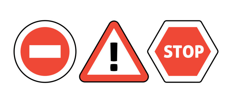Set of red road traffic signs featuring no entry warning and stop symbols in simple flat style isolated on white background