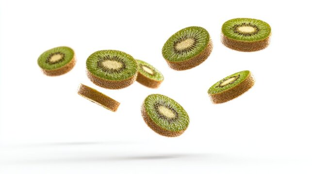 Floating kiwi fruit slices on white background fresh and healthy food concept