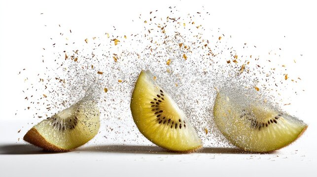 Three slices of golden kiwi fruit with an artistic explosion effect on white