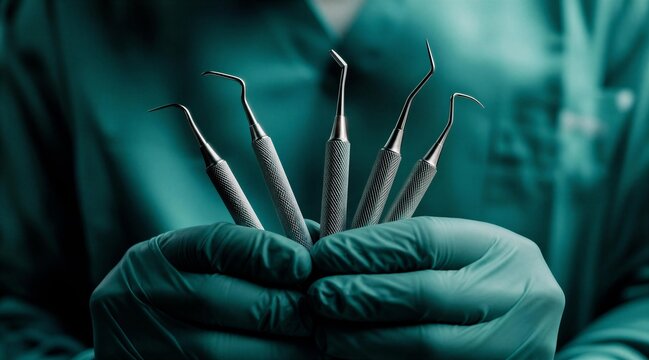 Dentist Holding Steel Dental Tools in Gloved Hands