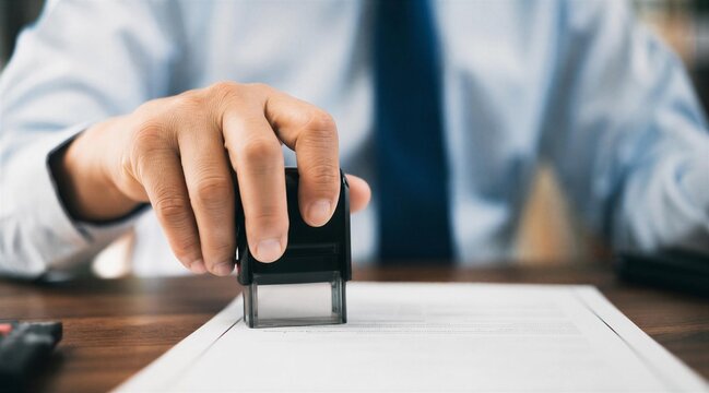 Businessman Stamping Official Document on Desk