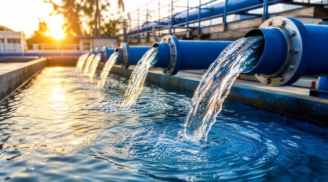 Water Treatment Plant Pipes Flowing Into Reservoir at Sunset