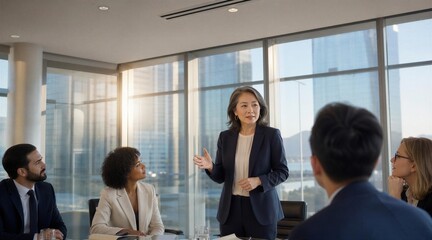 Obraz premium Asian Businesswoman Leading Diverse Team Meeting in Office
