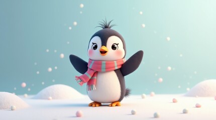 Obraz premium Pingüino de dibujos animados con una bufanda pequeña y colorida