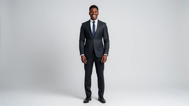 confident african american ceo in tailored dark suit smiling in minimalist studio for professional corporate headshot