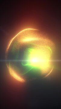 Abstract orange and green particle waves forming a luminous spherical structure with a bright central flare, representing energy, data, and digital technology.