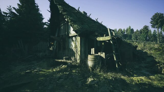 Abandoned polish cottage at dawn collapsed roof broken timbers overgrown yard moss covered barrel lingering fog cold blue light explorer documenting ruin