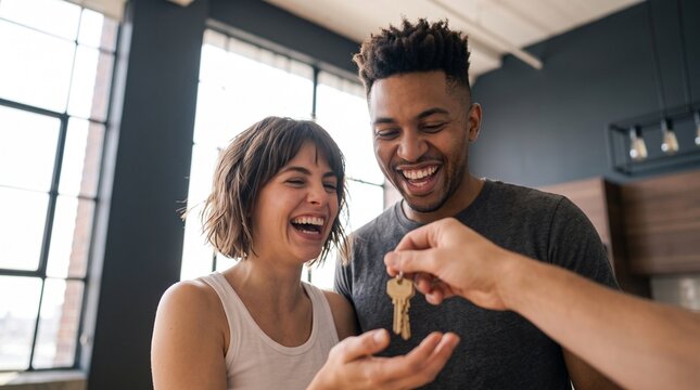 Real estate agent handing house keys to excited happy young interracial couple celebrating home purchase, mortgage approval, property ownership deal and moving into new modern apartment room.