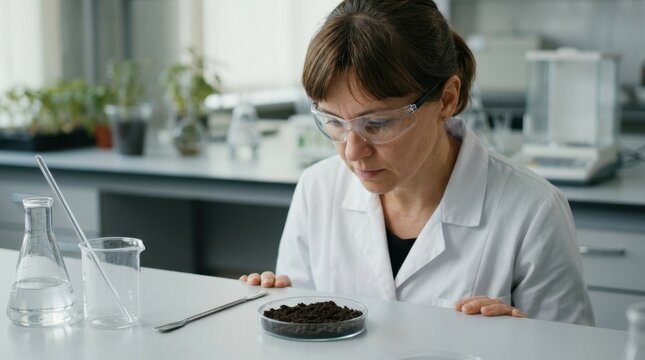 Female scientist examining agricultural soil sample in a laboratory. Agronomy researcher in a lab coat and safety glasses analyzing dirt in a petri dish