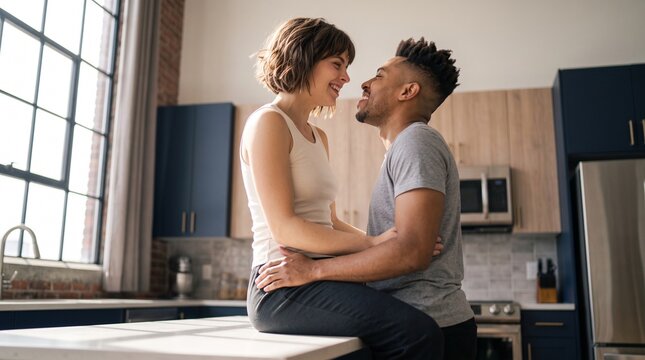 Romantic multiethnic couple holding each other on modern kitchen island, celebrating new apartment purchase, mortgage approval, real estate investment, and happy young couple life home.