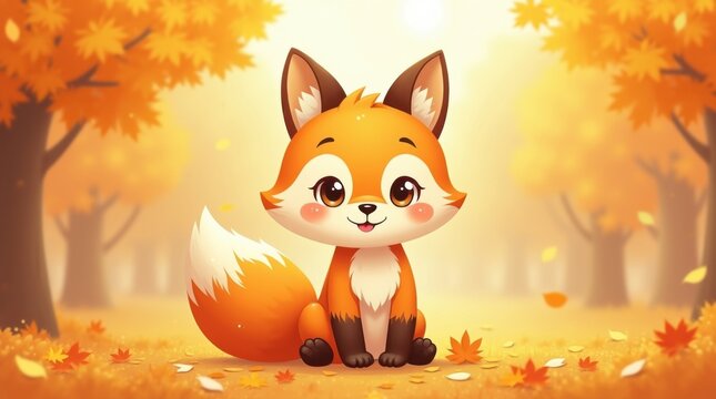 Lindo zorro de dibujos animados sentado entre hojas de oto&ntilde;o