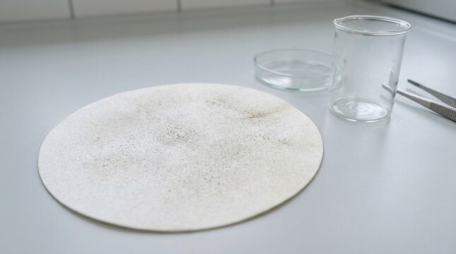 Air pollution particulate matter sample on filter paper. Environmental chemistry laboratory setup with dust sample, beaker, and tweezers on a white bench