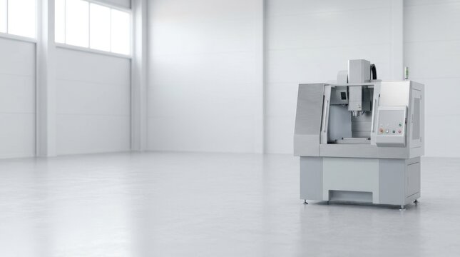 Modern clean manufacturing machine in empty bright factory room. Industrial automated equipment on white floor. Copy space for text