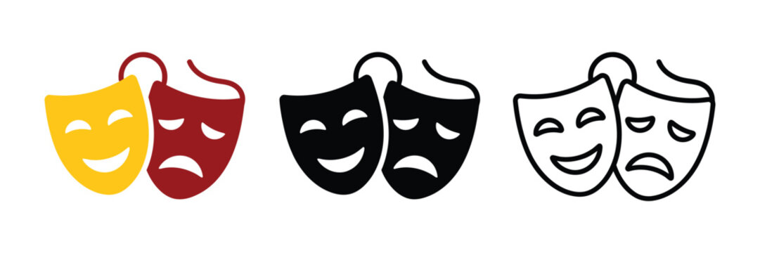 Comedy and tragedy theater masks icon set, happy and sad drama symbols, colorful black and white vector design