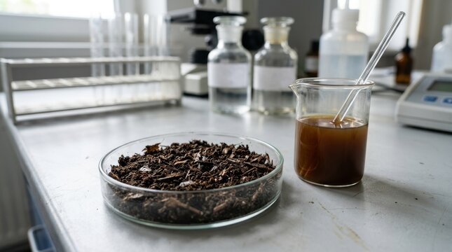 Compost sample in petri dish and brown liquid in beaker on laboratory bench. Agricultural chemistry analysis and environmental testing concept