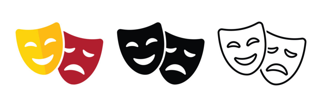 Comedy and tragedy theater masks icon set, happy and sad drama symbols, colorful black and white vector design