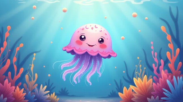 Una linda medusa de dibujos animados flotando pl&aacute;cidamente entre coloridas plantas submarinas