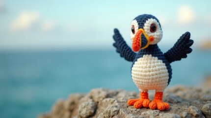 Fototapeta premium Un frailecillo de dibujos animados adorable, de pie sobre un acantilado rocoso junto al mar, con el pico colorido y las alas diminutas desplegadas