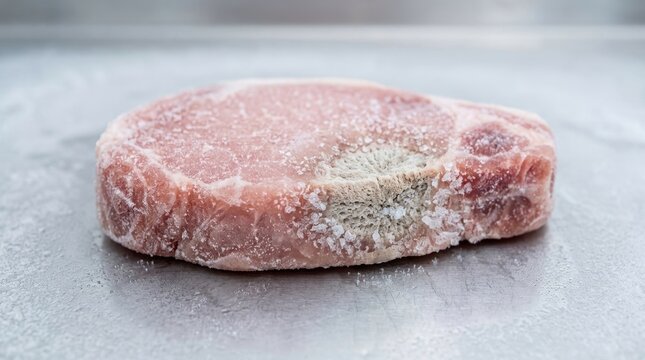Frozen raw meat with a large patch of dry discolored freezer burn. Close up of damaged pork chop covered in ice crystals on a metal surface