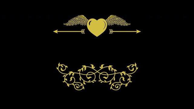 Golden heart with wings and decorative floral ornaments animation on black background.