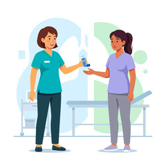 Obraz premium Healthcare professional offers asthma inhaler to patient in clinic with lungs illustration background.