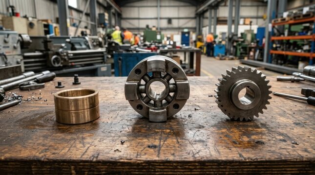 Industrial spare machine parts on a wooden workbench. Brass bushing steel coupling and gear in a factory workshop