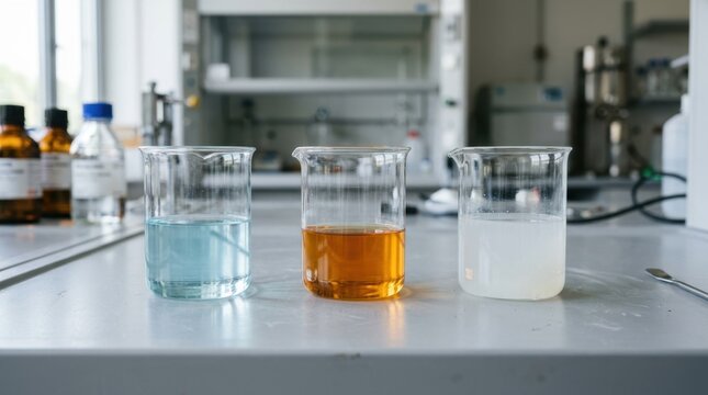 Three glass beakers with colorful chemical solution samples on laboratory bench. Science experiment and liquid analysis concept