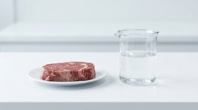 Raw beef steak on plate next to glass beaker with liquid in laboratory. Food safety testing and meat contamination research concept