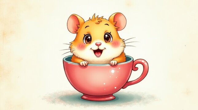 Un adorable h&aacute;mster de dibujos animados sentado dentro de una diminuta y colorida taza de t&eacute;; tiene mejillas redondas y peque&ntilde;as patas apoyadas en el borde