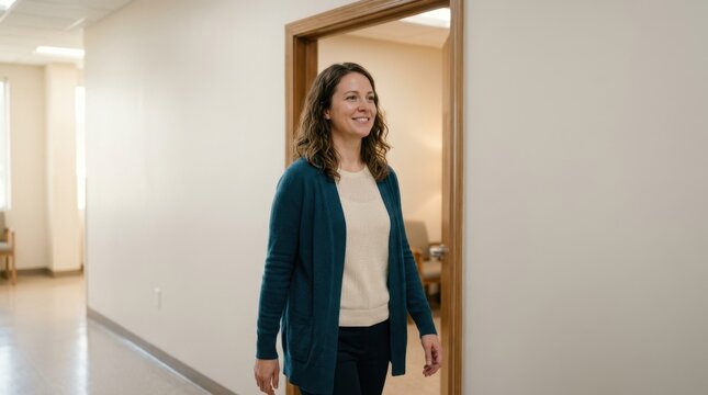Smiling woman walking through a clinic doorway. Happy female patient experiencing positive healthcare and satisfaction in a medical facility