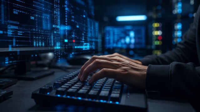 Hands Typing Code on Keyboard with Futuristic Cybersecurity and Digital Network Interface