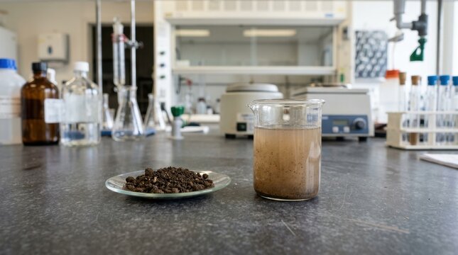 Soil analysis in a chemistry laboratory. Petri dish with dirt sample and beaker with muddy water mixture on a lab workbench. Agricultural science concept
