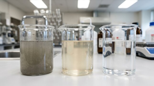 Three glass beakers showing stages of wastewater purification in a chemistry laboratory. Comparison of dirty, partially treated, and clear clean water samples