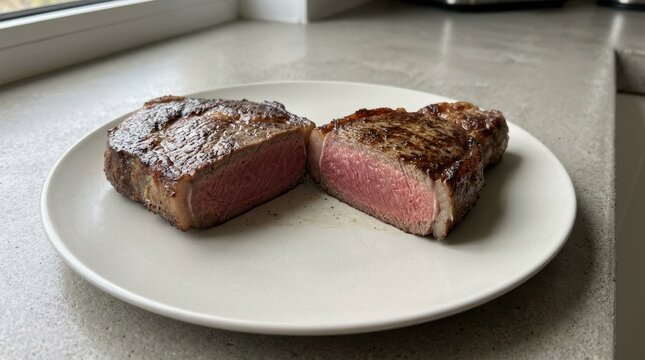 Undercooked beef steak cut in half on a white plate. Rare meat showing pink interior on a kitchen counter. Food safety and cooking concept